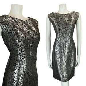 VTG 60S MOD BLACK SILVER FLORAL SHINY PARTY SLEEVELESS MINI DRESS SIZE 14 16 - Picture 1 of 8