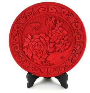 Chinese Carved Cinnabar Plate Roses & Butterflies Red w Black Backing