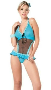 7027 Blue Black Fishnet Lingerie Lace Thong G-string Sexy Baby doll S M L XL - Picture 1 of 6