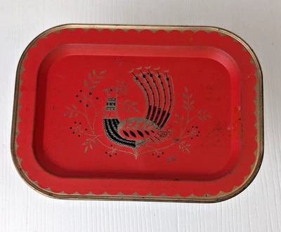 Tidbit Tip Tray Metal Serving 5"H x 7"L Red - Peacock - - Red MCM Vtg - Image 1 of 4