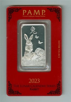 PAMP SUISSE 2023 AÑO LUNAR DEL CONEJO 1 OZ BARRA DE PLATINO 999,5 EN TARJETA DE ENSAYO Foto 1 de 2