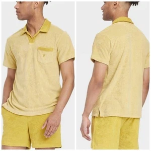 Houston White x Target Short Sleeve Terry Small Johnny Collar Polo Shirt Yellow - Picture 1 of 8