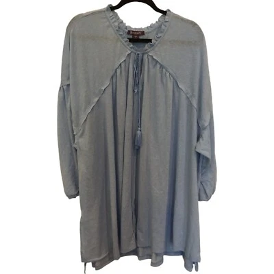 Blusa túnica azul elástica manga 3/4 con cordón borla Roamans para mujer 4X Plus Foto 1 de 4