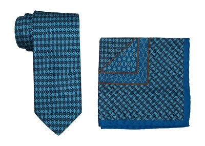 Italo Ferretti Satin Blue Geometric Tie and Pocket Square Set - Image 1 of 2