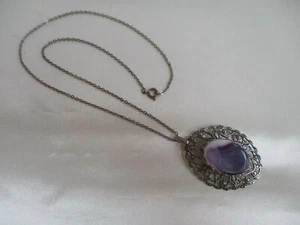 Vintage Silver Tone Pendant/Pin Necklace Brooch Purple White Center - Picture 1 of 4