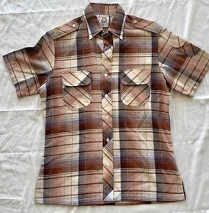 70s Vintage Kennington Western Plaid Orange Brown Polyester Cowboy Rodeo Orange - Picture 1 of 8