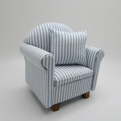 Dollhouse Miniature Modern Arm Chair Blue Stripe Fabric Pillow CLA10950 - Image 1 of 4