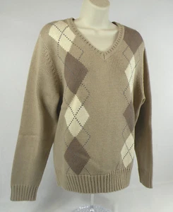 Croft & Barrow Women's Long Sleeve Argyle V-Neck Sweater Tan & Cream - Size XL - Picture 1 of 5