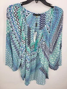 Rose + Olive Top Womens Plus 3X Blue Geo Print Balloon Sleeve Tassel Tie Peasant - Picture 1 of 11