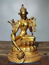 Tibet Bronze Gilt Lotus Seat Green Tara Kwan-yin Guan Yin Goddess Buddha Statue