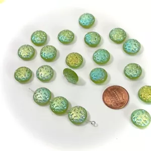 Czech Pressed Druk Glass Beads, Ornate Textured Discs, 14mm Green Matt AB, 20pcs - Picture 1 of 2