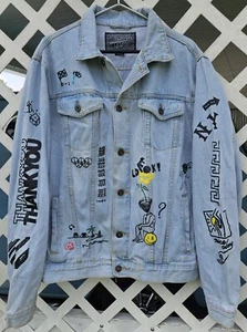 Men's Large Trademark Brooklyn Cloth Denim Jean Jacket Graphic Painted New York - Picture 1 of 23
