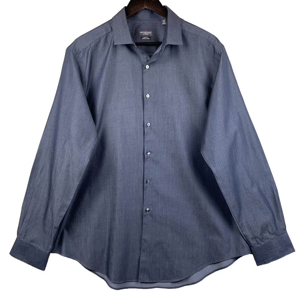 Camisa de vestir cromada con botones VAN HEUSEN para hombre talla 17-17,5 extra grande azul índigo Foto 1 de 4