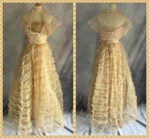 Vintage 1950's Tulle Layered Cupcake Formal Full Length Dress Peach Beige Sz S - Picture 1 of 14