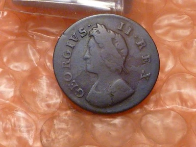 Original 1739 Jorge II Colonial Medio Penique Tipo '1' Casco Cabeza Tiene Detalle #B Foto 1 de 3