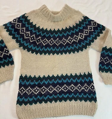 Suéter de Lana Tejido Grueso Hecho a Mano Fair Isle Ecuador De Colección Azul Blanco talla M Hombres Foto 1 de 4