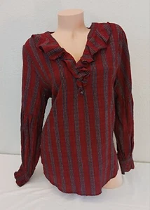 KORI America rostrot gestreiftes Langarm V-Ausschnitt Rüschen Bluse Top Größe Large L - Bild 1 von 8