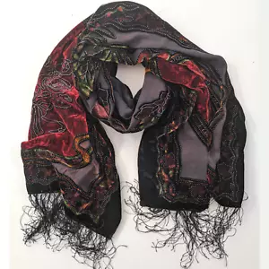 Past Times retro floral red patterned devore scarf shawl tassel velvet wrap boho - Picture 1 of 9