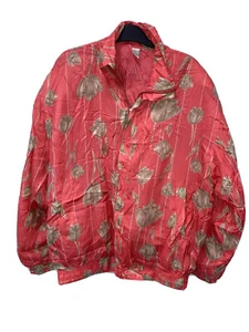Vintage Silk Jacket Pink Coral Gold Floral AOP windbreaker 80s 90 Women XL Retro - Picture 1 of 4