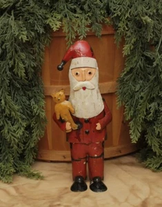 NEW PRIMITIVE 10.5" Tall SANTA w/ TEDDY BEAR Repurposed METAL Figurine Christmas - Picture 1 of 3