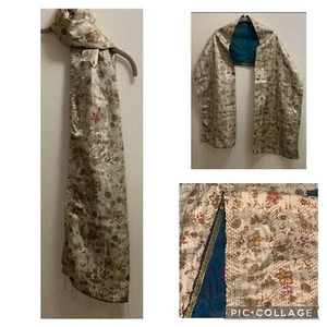 Sciarpa scialle arazzo floreale vintage fatta a mano dischi oro boho blu crema - Foto 1 di 13