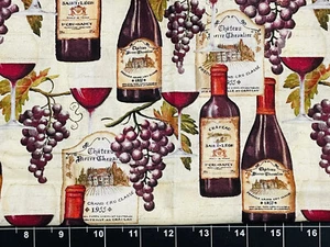 Tina Scrap 9"x21" Retro Red Wine Glass Grapes Vineyards Cotton Fabric - Picture 1 of 1