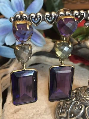 Pendientes colgantes de cuarzo fucsia amatista labradorita tono cepillado dorado 2 5/8" Foto 1 de 4