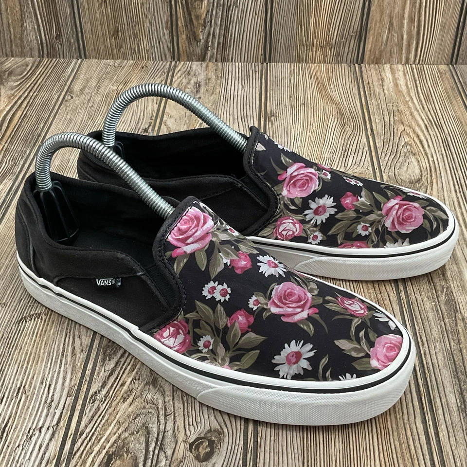 Vans Mujer Sin Cordones Negro Y Rosa Floral Rosas Tenis Zapatos 721356 Talla 9.5 Foto 1 de 4