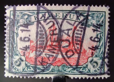 RARO SELLO ALEMÁN KAMERUN 1914 5m KAISER'S YACHT CON WMK USADO DUALA Sc #25 en muy buen estado Foto 1 de 4