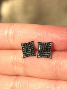 Real Italy 925 Sterling Silver Black Square 8mm Screwback Stud Iced Earrings - Picture 1 of 9