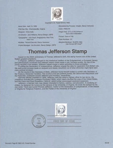#9309 Estampilla de Thomas Jefferson #2185 página de recuerdo de USPS - Imagen 1 de 1