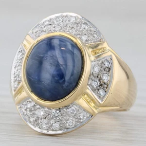 Ovalado Cabujón Zafiro Azul Anillo Diamante Halo 18k Oro Amarillo Talla 6.75-7 - Imagen 1 de 10