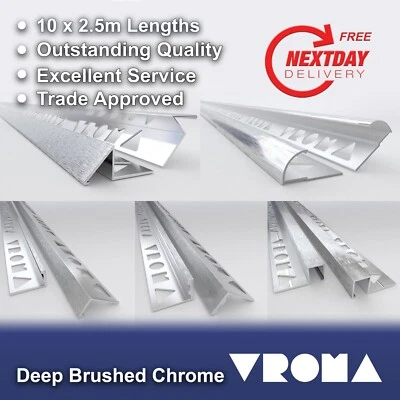 10 X Tile Trim Deep Brushed Chrome L-Shape, Box, Round/Quadrant, Triangle - Image 1 of 4