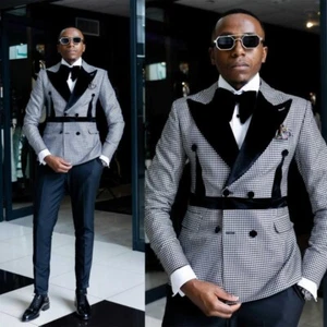New Style Men's Plaid Gray Suits Black Velvet Peak Lapel Suit for Wedding Party - Picture 1 of 9