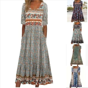 Women Boho Sundress Short Sleeve Ladies Summer Beach Crew Neck Floral Midi Dress - Picture 1 of 25