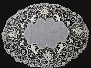 Antique Point De Gaze Lace Linen Table Runner Topper 35"x27" Late 1800's Belgium