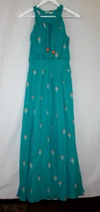 Anthropologie Dress Womens 0 Turquoise Embroidered Smocked Waist Boho Beach Maxi - Picture 1 of 13