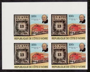 Cote d'Ivoire Sc516 Rowland Hill, Train, Locomotive, Hawaii #4, Imperf Block. - Picture 1 of 1