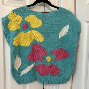 Vintage 80er Jordache Damen Cropped Pullover SS Gr. L Aqua Blau Bunt Ramie Baumwolle - Bild 1 von 4