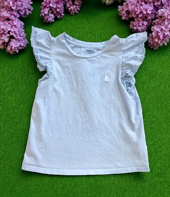 POLO RALPH LAUREN 女孩蓝色带白色小马无袖衬衫荷叶边 8-10 码 — 第 1/4 张图片