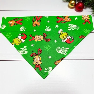 Christmas Dog Bandana Grinch Cindy Lou OVER THE COLLAR Bandanna Slide on Scarf - Image 1 of 4