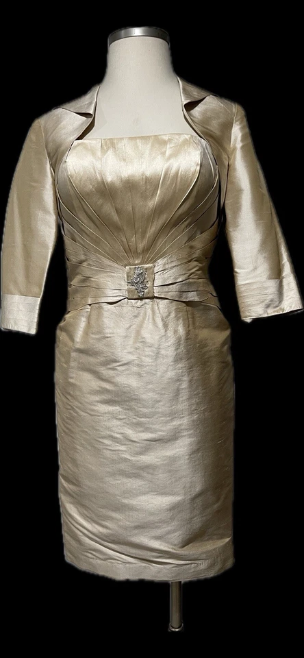 MON CHERI Mother of the Bride SILK 2 Pc Dress Jacket Champagne Size 12-14 EUC - Image 1 of 4