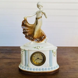 Vintage Germany Mantle Clock Porcelain Art Deco Dancing Lady Figurine - Picture 1 of 12