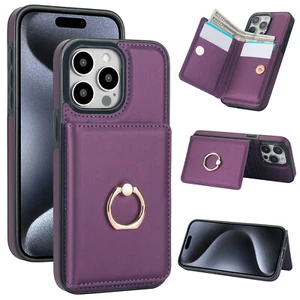For iPhone 15 14 Plus 13 Pro Max 12 Card Wallet Phone Slim Case With Ring Holder - Picture 1 of 8