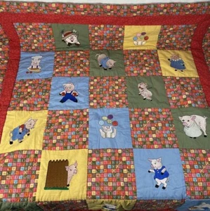 Quilt Pig  38x36" Homemade Baby Blanket Farm Vintage Colorful Country Nursery - Picture 1 of 9