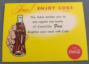 1965 Coca Cola Coke Ticket/Free Bottle Enjoy Coke/Brighten Your Meal With Coke - Picture 1 of 4