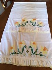 Vintage Pair Of Ruffle Pillow Embroidery Cases Yellow Orange Flowers READ