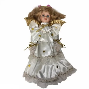 Angel Porcelain Doll With Wings Collectible White Dress Blue Eyes Blonde Hair - Picture 1 of 5