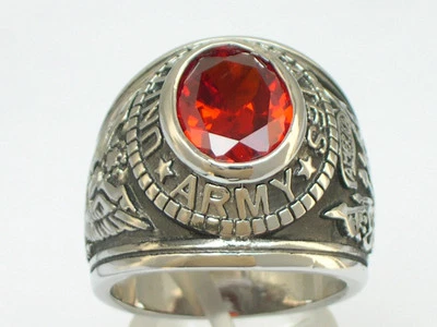 12X10 mm United States Army Military January Red CZ Stone Men Rhodium Ring 7-15 - Image 1 of 4