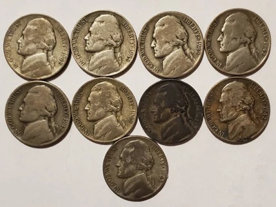 (Lot of 9) 1942P/1943P Wartime Nickels 35% Silver - Image 1 of 2